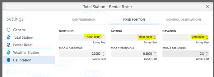 Total Station - Rental Tester 
Settings 
General 
Total Station 
Power Reset 
Weather Station 
Calibration 
CONFIGURATION 
NORTHING 
MAX X RESIDUALS 
FIXED POSITION 
MAX Y RESIDUALS 
CONTROL OBSERVATIONS 
ELEVATION 
MAX Z RESIDUALS 
031 