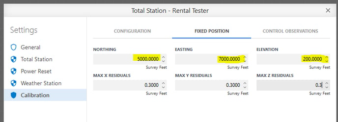 Total Station - Rental Tester 
Settings 
General 
Total Station 
Power Reset 
Weather Station 
Calibration 
CONFIGURATION 
NORTHING 
MAX X RESIDUALS 
FIXED POSITION 
MAX Y RESIDUALS 
CONTROL OBSERVATIONS 
ELEVATION 
MAX Z RESIDUALS 
031 